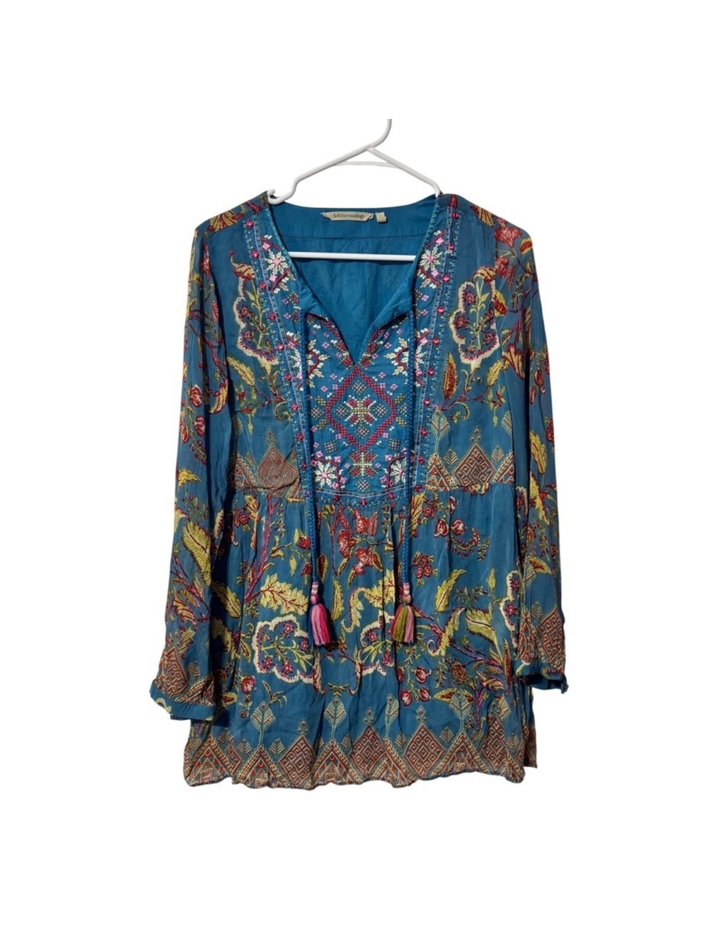 Soft Surroundings Teal Blue Embroidered Floral Tassel Boho Tunic Top Small